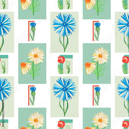 A vibrant seamless pattern with watercolor wildflowers in a collage style. Summer floral background.