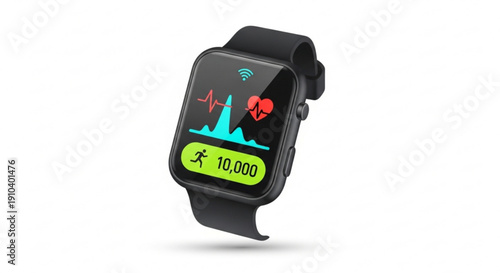 Black smartwatch with fitness tracker display showing 10 000 steps on white background