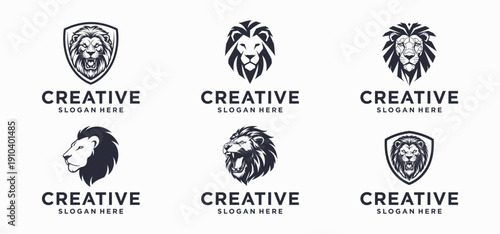 set lion logo combination of crown, symbol of strength with lion concept
