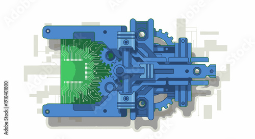 Intricate illustration of mechanical gears and pistons connected to a green circuit board, symbolizing advanced engineering and innovation.