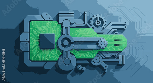 A dynamic abstract illustration seamlessly merges intricate mechanical components with a vibrant green microchip, representing advanced engineering and digital innovation.