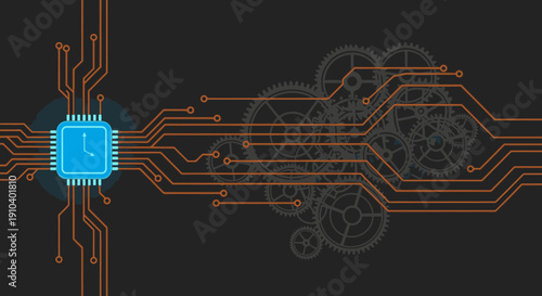 A detailed digital circuit board showcases a vibrant blue processor with a clock icon, representing advanced computing, precise timing, and technological progress.