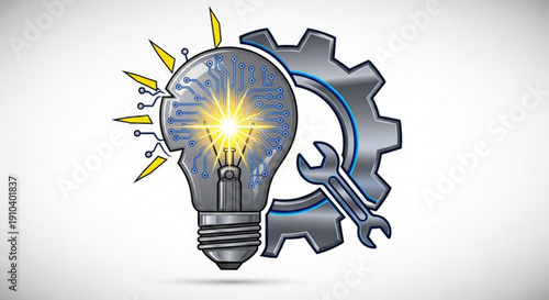 Innovative ideas and solutions concept with glowing light bulb gear and wrench on white background