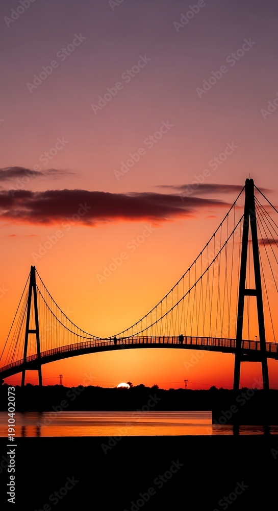 Fototapeta premium Silhouette of suspension bridge at sunset.