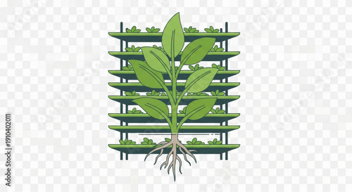 Vertical farming concept with a plant growing in a multi tiered shelving system for sustainable agriculture and gardening