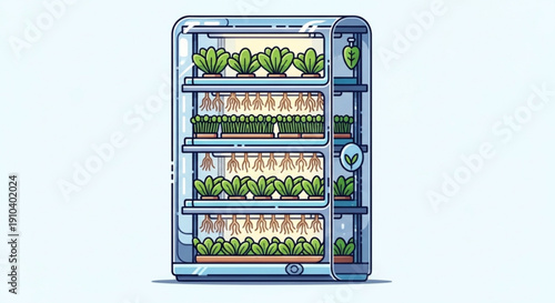 Indoor vertical farm with multiple shelves of leafy greens and seedlings in a high tech hydroponic system for sustainable urban agriculture and fresh produce