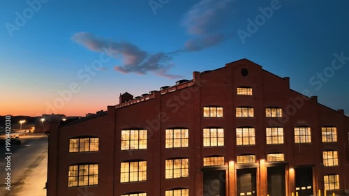 A twilight shot of a brick building with illuminated windows, under a blue sky