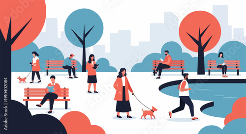 People in park engaging in various leisure activities, relaxing on benches and walking dogs. City park scene shows diverse individuals enjoying outdoor time, reading and jogging.