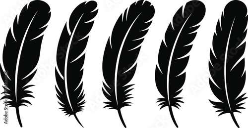 Minimal feather silhouette set, black bird quill outline collection, decorative nature plume vector pack for logo tattoo design