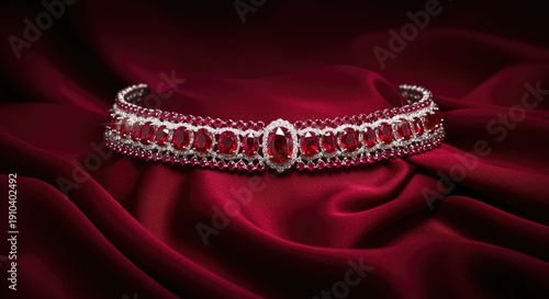 A stunning diamond tiara with a rich red velvet background.