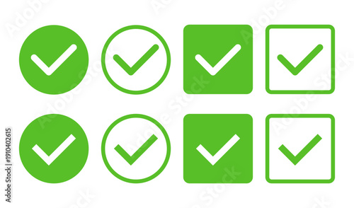 Green check tick and mark icon list with checklist correct. Done box sign and green good symbol. Ok approved mark design for success.