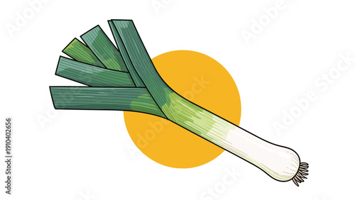 Fresh green leek with long leaves is displayed diagonally across a bright yellow circle in this clean and simple food illustration.