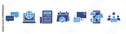 Public relations banner web icon vector illustration concept with icon and symbol of communication, internet, journal, events, radio, tv, social media and customer