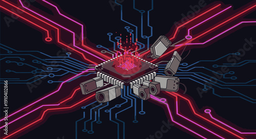 A central processing unit connected to surveillance cameras via a complex network of illuminated circuit traces, symbolizing data flow and security.