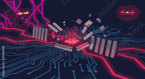 A central microchip dramatically shatters, its components exploding amidst vibrant neon circuit traces, symbolizing powerful digital disruption.
