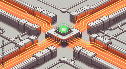 An intricate isometric illustration showcases a glowing central processing unit efficiently distributing data and energy across a complex, futuristic network.