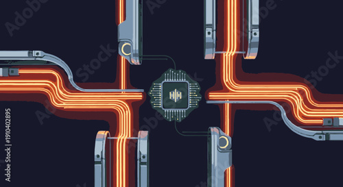 A futuristic central processing unit, with glowing orange data streams, symbolizes advanced computing, digital networks, and high-tech information flow.