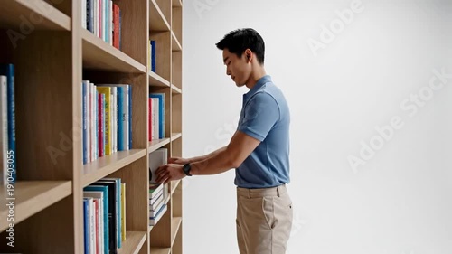 Man in a blue shirt and khaki pants near a wooden bookshelf, selecting books