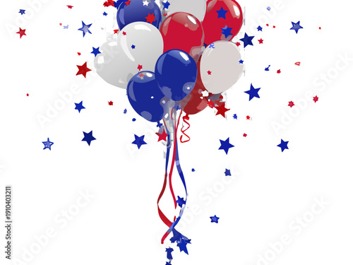 A celebratory bunch of red white and blue balloons with stars