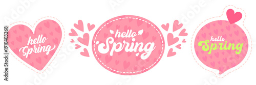 Hello Spring greeting banner with pink heart pattern and stitched border, romantic horizontal header template isolated on white. Hello Spring speech bubble set