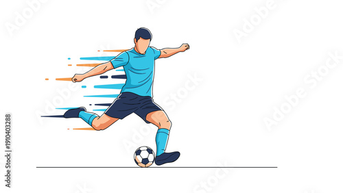 Professional soccer player in a blue uniform kicks a ball with powerful motion represented by dynamic colorful lines on a white background.