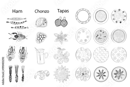 Black and white illustration of spanish tapas and seafood dishes