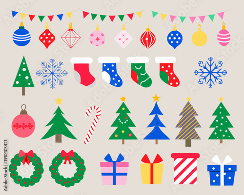 Festive christmas ornaments stockings trees and wreaths illustration