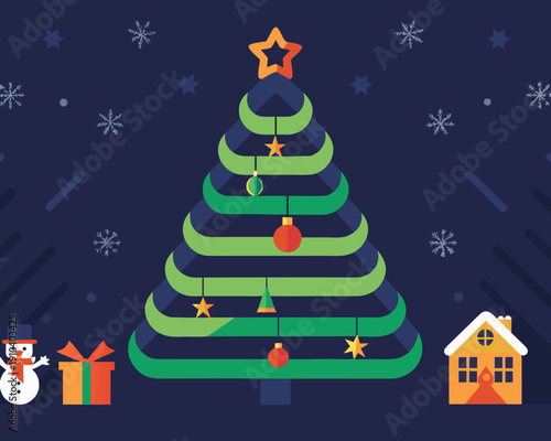 Festive illustration of a stylized christmas tree with winter decorations