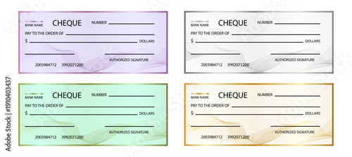 Set of cheque bank blank template with golden, silver, purple and green gradient guilloche watermark pattern