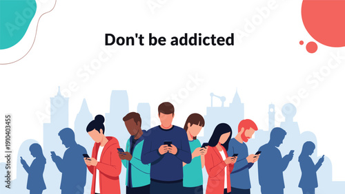 Diverse people standing in a line looking at their smartphones against a blue city skyline with a message about technology addiction.