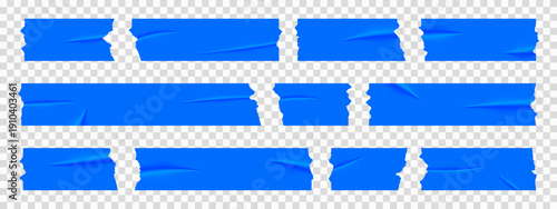 Set of blue sticky notes, realistic adhesive tape pieces vector illustration