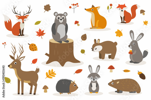 A charming collection of woodland creatures and autumnal foliage