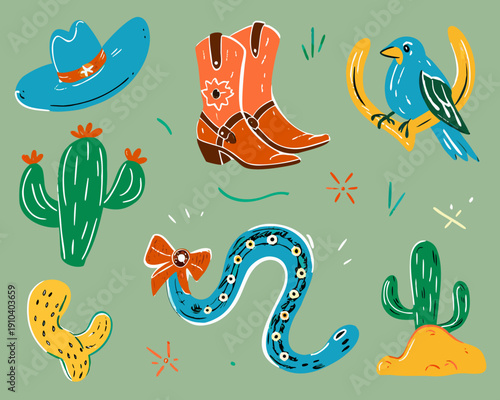 A colorful collection of western themed items including hats boots and cacti
