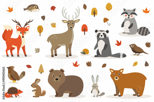 A collection of charming forest animals and autumn leaves on white