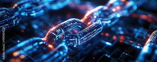 glowing digital metal chain with circuit patterns and orange highlights conveying futuristic secure connectivity