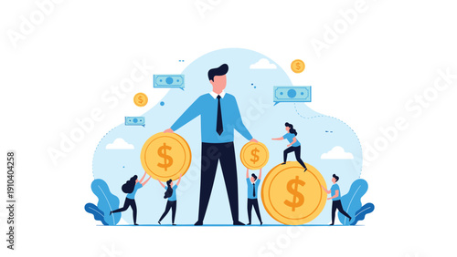 Giant businessman standing with large gold coins while small workers help move and organize money representing wealth and financial management.
