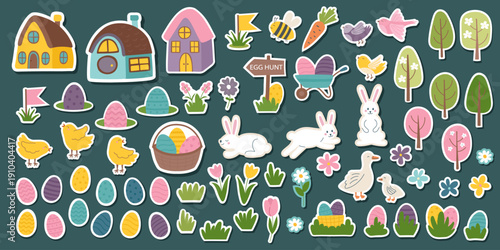 Set of Easter objects isolated on dark background. Easter cliparts. Easter concept. Vector hand drawn elements.