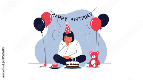 Lonely person sitting on the floor with a birthday cake and balloons feeling sad during a solitary celebration under a banner.