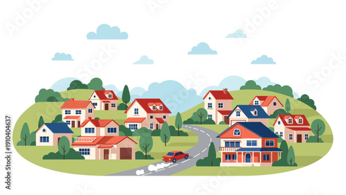 Colorful suburban neighborhood with various houses and a red car driving on a winding road through green hills under a cloudy sky.