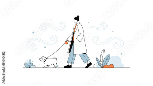 Woman wearing a long white coat walking her dog on a leash in a windy outdoor environment with stylized air swirls.