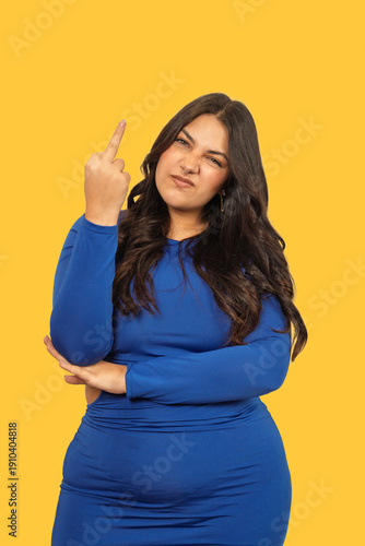 Woman showing middle finger rude gesture