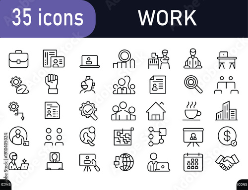 35 set outline icon collection representing professional work environment and business workflow,productivity, teamwork, management, planning, communication, remote work, performance tracking,black