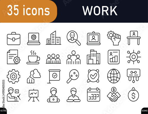 35 set outline icon collection representing professional work environment and business workflow,productivity, teamwork, management, planning, communication, remote work, performance tracking,black