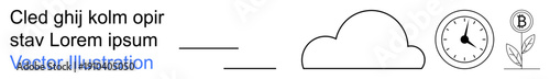 Sustainability, time management, environmental care, eco-friendly design, natural elements, simplicity. A cloud, clock and leaf symbol in clean lines. Sustainability and time management concept