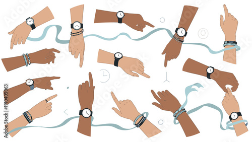 Multiple diverse hands wearing various wristwatches and bracelets gesturing in different directions against a white background with wavy ribbons.