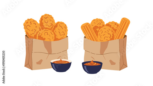 Two brown paper bags filled with golden fried chicken nuggets and strips served with two bowls of savory dipping sauce on white.