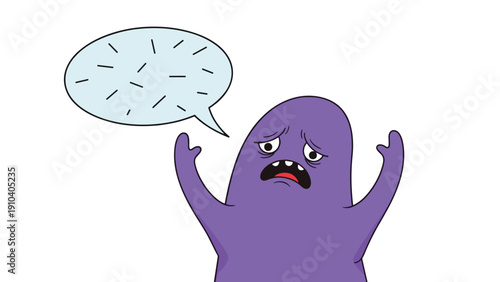 Cute purple monster character with a sad and confused expression holding its hands up next to a messy speech bubble.