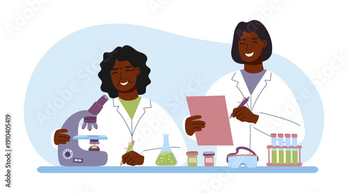 Two female scientists in laboratory with test tubes, tools and microscope. Concept of biotechnology, medical research, science, medicine and healthcare. Vector flat banner.
