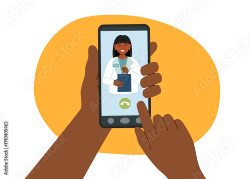 Online medical video consultation with doctor. Patient’s hands interacting with mobile healthcare service. Concept of online medicine, healthcare, clinic, video call and remote treatment.