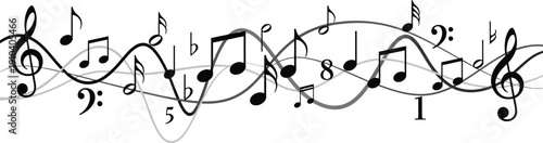 Elegant black music notes swirling on white background
